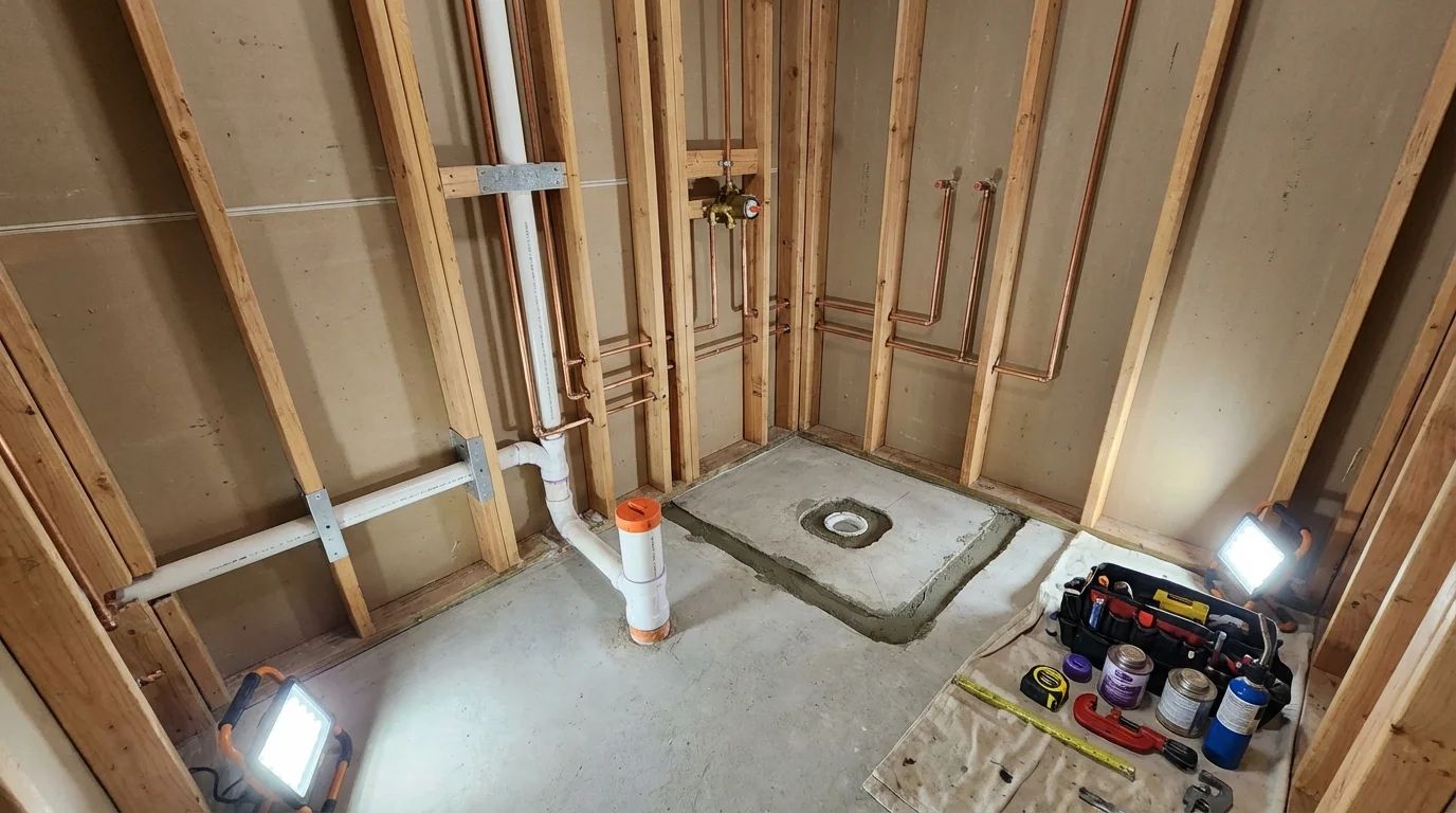 Bathroom rough-in plumbing during remodel by Johns Plumbing LLC in Adrian