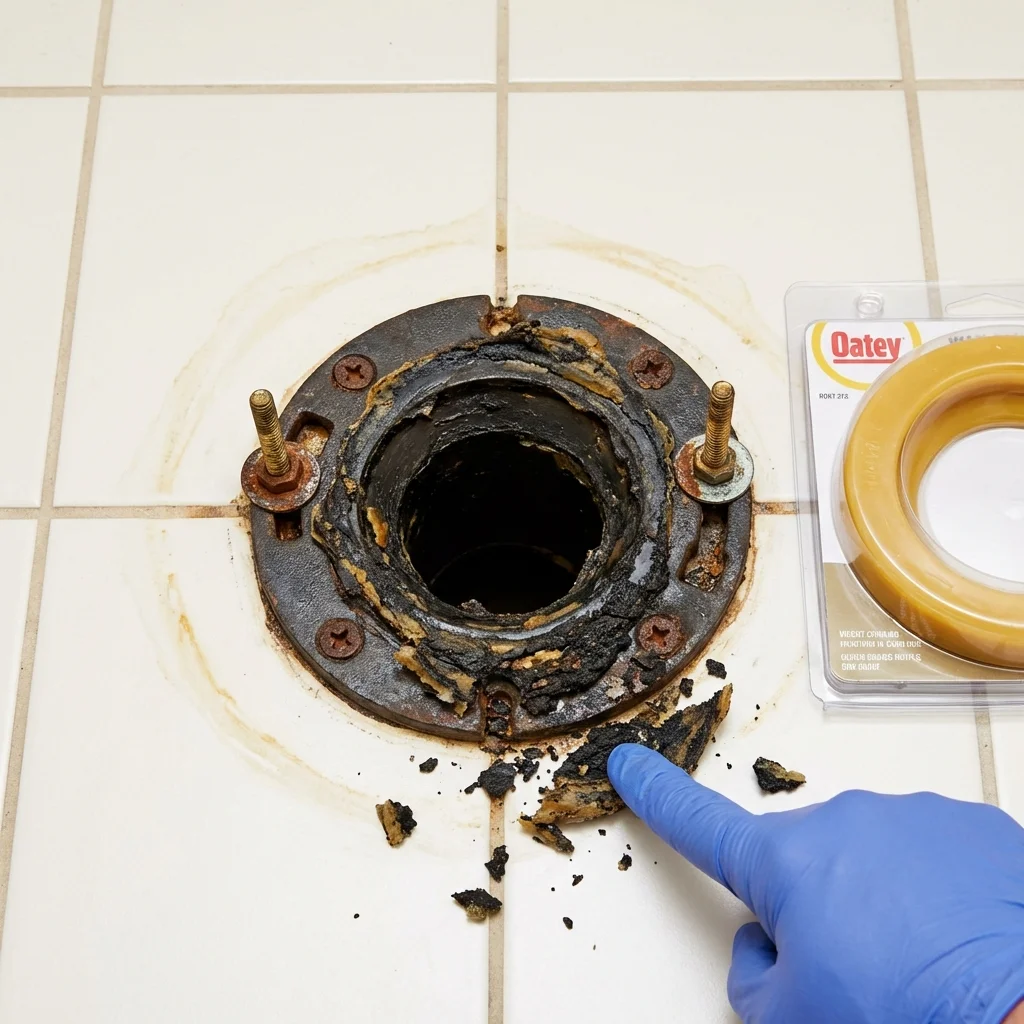 Failed wax ring showing water seepage at the base of a toilet in a Adrian, MI home