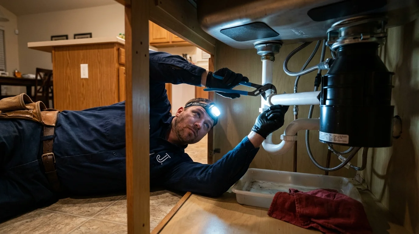 P-trap and supply line connections under a kitchen sink showing a common leak point in Adrian, MI